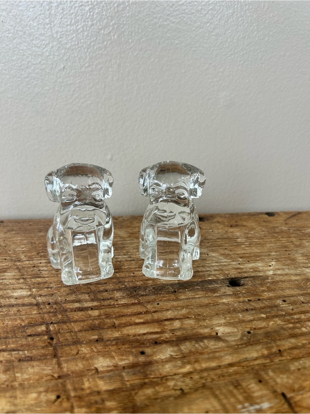 2 Vintage 1940’s Depression Clear Glass Mopey Puppy Dog Candy Container Federal